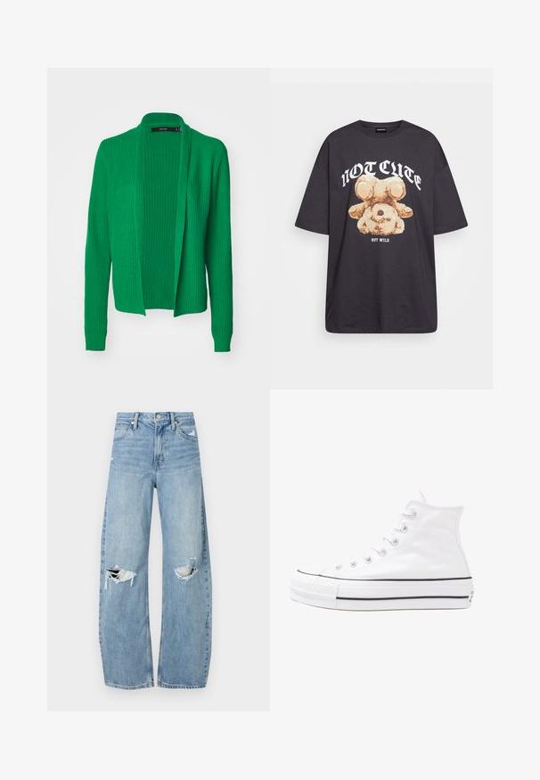 Grønn strikket cardigan med åpen front, lange ermer, ribbestrikket tekstur og en avslappet passform. Ingen knapper eller intrikate mønstre.; Svart oversized t-skjorte med en grafikk av en bjørn og teksten "IKKE SØT, MEN VILL" i fet, hvit skrift. Laget av bomull.; Lyseblå høytlivsjeans laget av denim. Har vide bein, to revne knær og klassisk fem-lommers design.; Hvit høy-skinn kanvas sneakers med svart gummisåle, gummitåhette foran og seks hull for snorer, med et rent, minimalistisk design.