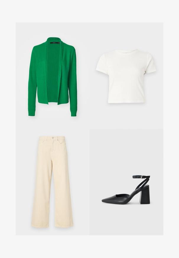 Zöld kötött kardigán, nyitott elemmel, hosszú ujjakkal, bordás textúrával és laza szabással. Nincs rajta záróelem vagy bonyolult minta.; Rövid, fehér, pamut póló, rövid ujjakkal, kerek kivágással és egyenes szegéllyel, sima textúrával és letisztult dizájnnal.; Bézs, széles lábú farmernadrág, pamutból készült. Gombos záródással, övhurkokkal és elülső zsebekkel rendelkezik, sima, puha tapintással.; Fekete bőr, hegyes orrú magassarkú cipő boka pánttal és vastag sarokkal. Sima textúra, elegáns dizájn és minimális esztétika.