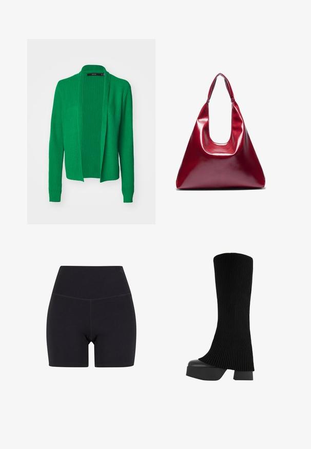 Zelený pletený kardigán s otvoreným predným dielom, dlhými rukávmi, rebrovanou textúrou a voľným strihom. Bez zapínania alebo zložitých vzorov.; Čierne tričko s krátkym rukávom, výstrihom do V a trojbuttonovou légou. Vyrobené z mäkkého, elastického materiálu. Jednoduchý, klasický dizajn.; Čierne šortky s vysokým pásom vyrobené z elastického materiálu. Obsahujú elastický pás, hladký povrch a dĺžku do polovice stehna s bezšvovým dizajnom.; Čierne vysoké čižmy po kolená s ribbed textíliou, robustnou platformou a blokovým podpätkom, s hladkou textúrou a elegantným, moderným dizajnom.; Červená lesklá kožená kabelka trojuholníkového tvaru so širokým vrchným otvorom a jedným zakriveným uchom. Hladký povrch s minimálnymi švami.