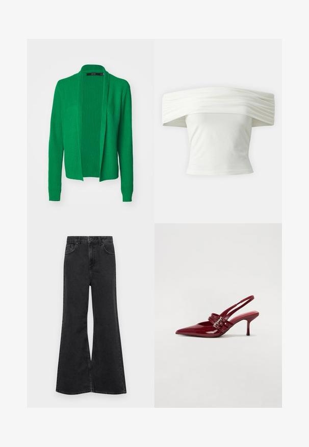 Zaļa adīta jakas ar atvērtu priekšpusi, garām piedurknēm, ribotu tekstūru un brīvu piegriezumu. Nav aizdares vai sarežģītām rakstiem.; Balta blūze ar atvērtām plecu daļām un plēktām, strukturētām kakla izgriezumiem, kā arī pieguļošu modeli. Izgatavota no mīksta auduma ar gludu tekstūru.; Melnas denima plaša kaismēru džinsi ar augstu vidukli, pieciem kabatām, maiga šuvuma detaļām un pogu aizdari priekšpusē.; Sarkana lakota ādas kurpju kurpes ar atvērtu papēdi, norādītu purngalu, divām sprādzēm un slaidu, vidēja augstuma stiletu papēdi. Gluda tekstūra.