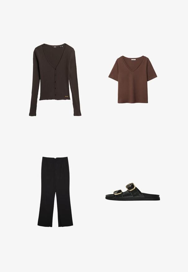 Brauner gerippter Cardigan mit langen Ärmeln, tiefem V-Ausschnitt, Knöpfen vorne und einem gewellten Saum. Verziert mit goldfarbenem Logo-Detail am unteren Ende.; Braunes Baumwoll-T-Shirt mit kurzen Ärmeln und tiefem V-Ausschnitt. Einfaches Design, weiche Textur und gerade Saumlinie. Keine Muster oder Akzente.; Schwarze Hose mit geradem Schnitt, ausgestattet mit Fronttaschen und Seitenschlitzen am Saum. Hergestellt aus weichem, glattem Stoff. Geeignet für verschiedene Anlässe.; Schwarze Riemensandale mit zwei goldenen Schnallendetails, glattem Material, flachem Sohlen und minimalistischer Gestaltung.