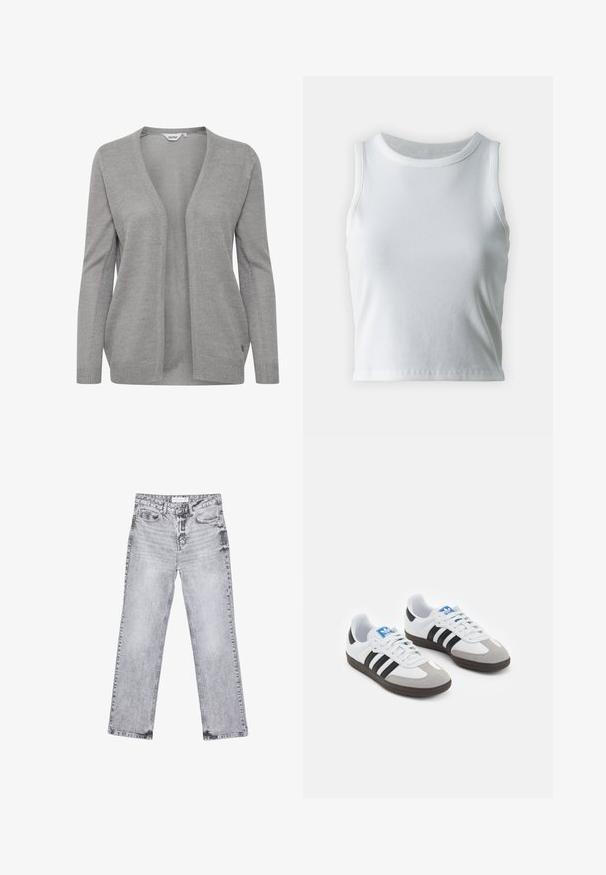 Grå cardigan lavet af strikket stof, har en dyb V-udskæring, åbent front, lange ærmer og en subtil tekstur med en lille logo-detalje.; Hvid ribbet tanktop med rund halsudskæring og ærmeløs design, med en lige kant og en glat, strækbar tekstur.; Grå denim jeans med lige ben, distressed detaljer, fem lommer og kobbernitter. Taljebåndet har et logomærke.; Sportsko med en overdel i hvid læder, grå ruskind på tåen og tre sorte striber. Har et blåt logo på tungen og en struktureret gummisål.