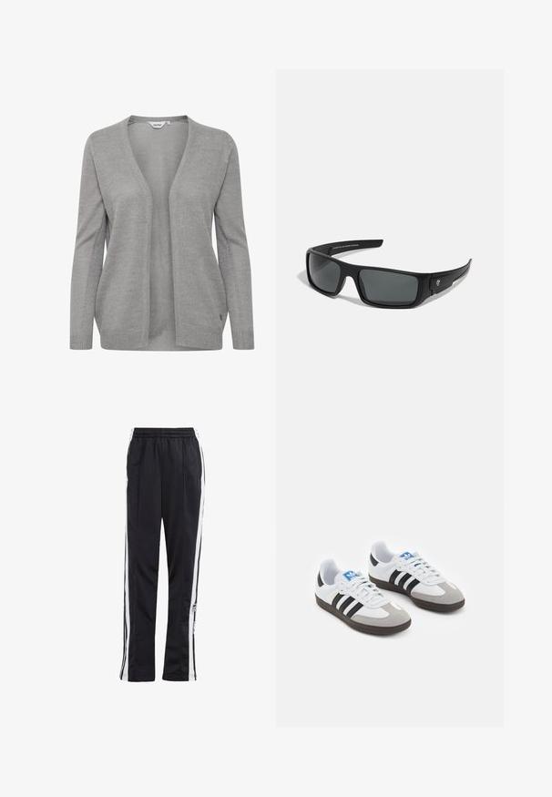 Szary kardigan wykonany z dzianiny, z głębokim dekoltem w kształcie V, otwartym przodem, długimi rękawami oraz subtelną teksturą z małym akcentem logo.; Dwie bluzki z długim rękawem: jedna czarna, a druga biała. Obie mają okrągły dekolt oraz gładką, żebrowaną teksturę. Metka marki widoczna wewnątrz dekoltu.; Czarne spodnie dresowe z białymi paskami po bokach, elastycznym paskiem w talii i naszywką z logo. Wykonane z gładkiego, lekkiego materiału. Prosta nogawka.; Buty sportowe z białą skórzaną cholewką, szarym zamszowym noskiem i trzema czarnymi paskami. Posiadają niebieskie logo na języku oraz teksturowaną gumową podeszwę.; Czarne okulary przeciwsłoneczne o prostokątnym kształcie, ciemnoszare soczewki i gładkie plastikowe wykończenie. Zauważalny akcent z logo po stronie.; Czarna nylonowa torba na ramię o zaokrąglonym kształcie, z akcentem w postaci srebrnego łańcucha, odczepianą mini kieszonką i regulowanym paskiem; z logo "Steve Madden".