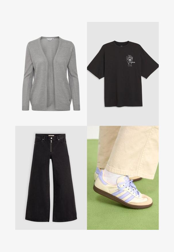 Gray cardigan made of knit fabric, features a deep V-neckline, open front, long sleeves, and a subtle texture with a small logo accent.; Black cotton t-shirt with short sleeves, featuring a hand graphic and text "Levi's LA LUNE" in white on the left chest area.; Wide-leg jeans in black denim with a zippered front, five-pocket design, and subtle stitching details. Smooth texture and casual style.; Cream and lavender sneakers with three stripes and a textured brown sole, featuring laces and a padded heel. Soft fabric upper.