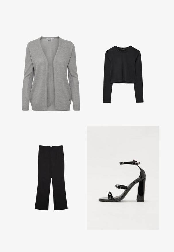 Šedý cardigan z pleteného materiálu, má hluboký výstřih do V, otevřený přední díl, dlouhé rukávy a jemnou texturu s malou logovou akcentací.; Černý dlouhý rukáv cropped top s kulatým výstřihem, jednoduchý design a mírně zaoblený lem.; Černé kalhoty s rovným střihem, s předními kapsami a bočními rozparky na lemu. Vyrobené z jemné, hladké tkaniny. Vhodné na různé příležitosti.; Černé lakované sandály na podpatku se čtveratou špičkou, lýtkovými pásky a stříbrnými přezkami. Disponují masivním blokovým podpatkem pro stabilitu.