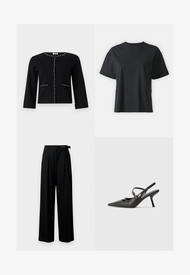 Musta neuletakki, jossa on kolmanneksen mittaiset hihat ja hopeiset niittikoristelut kauluksessa, keskellä ja taskuissa. Sileä pinta.; Musta lyhythihainen puuvillapaita rentoa mallia, jossa on erottuva sivupaneeli, johon on lisätty pieniä tekstejä ja yksityiskohtia.; Mustat leveät housut korkealla vyötäröllä, etuosassa laskokset ja soljellinen vyö. Valmistettu sileästä ja kevyestä kankaasta.; Mustat nahkaiset slingback-korkokengät, joissa on terävä kärki, hoikka korko ja koristeellinen solkityyny varpailla. Tasainen pinta ja tyylikäs muotoilu.