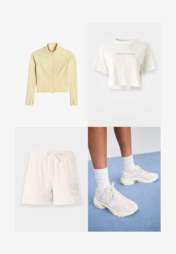 aim’n® SHAPE SEAMLESS - Mikina so zipsom - yellow; Krátky, smotanový tričko vyrobené z bavlny. Obsahuje ružový vyšívaný logotyp s nápisom "Nike Sportwear." Krátke rukávy a okrúhly výstrih.; Svetlo béžové bavlnené šortky s elastickým pásom, nastaviteľnou šnúrkou a vytlačeným logom "NIKE SPORTSWEAR" v svetlo hnedej farbe na boku.; Štýlové športové topánky v svetložltej a bielej farbe, vyrobené z sieťoviny a syntetických materiálov, s zaobleným tvarom a textúrovanými podrážkami.