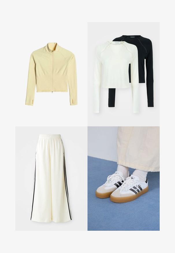 aim’n® SHAPE SEAMLESS - Sweatjakke - yellow; To lange ermer topper, en i hvit og en i svart. Begge har rund hals og dekorative glidelåser på skulderen. Glatt stoff.; Hvite bukser med vide ben, elastisk linning og svarte vertikale striper langs ytre sømmer.; Hvite sneakers med svarte striper og beige semsket skinn-detaljer. Har en teksturert gummisåle og flate hvite snører, brukt med lyse sokker.