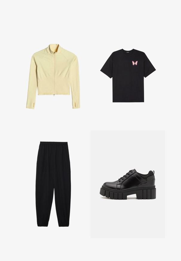 aim’n® SHAPE SEAMLESS - Felpa con zip - yellow; T-shirt nera in cotone con maniche corte, caratterizzata da una piccola grafica di una farfalla rosa sul lato sinistro del petto. Design a girocollo con una vestibilità rilassata.; Pantaloni neri leggeri con vita elastica e caviglie arricciate. Il tessuto è liscio e presenta un design rilassato e affusolato.; Scarpe platform in pelle nera con tacco a blocco robusto, punta rotonda e design tradizionale con lacci. Presentano una superficie liscia e dettagli minimi.