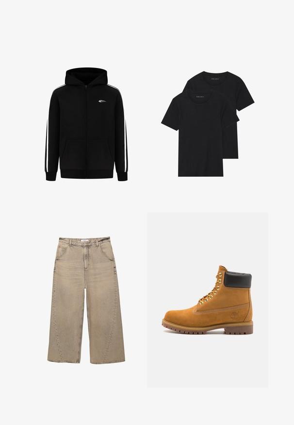 Sort zip-up hoodie med en forlommem, hvide sidelister og et lille logo på brystet. Fremstillet af en bomuldsblanding med en glat tekstur.; To sorte bomulds t-shirts med korte ærmer, rund halsudskæring og en glat tekstur, vist stablet sammen.; PULL&BEAR MEGA BAGGY - Baggy jeans - light grey; Tan nubuck ankelstøvle med sort polstret krave, gyldne metaløjer, hvid syning detaljer og robust gummisål med udtalte slidbaner.