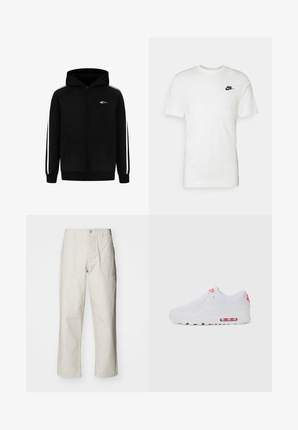 Sudadera con cremallera negra, con un bolsillo frontal, rayas laterales blancas y un pequeño logo en el pecho. Hecha de una mezcla de algodón con una textura suave.; Camiseta de algodón blanca con mangas cortas, cuello redondo y un logo negro de Nike en el área del pecho izquierdo. Textura suave y corte clásico.; Pantalones de pierna ancha color beige claro, hechos de algodón. Cuentan con bolsillos frontales y cierre de botón. Textura suave con sutiles líneas verticales.; Zapatilla deportiva blanca con una parte superior lisa, cierre de cordones, suela acolchada y una unidad de aire visible con acentos rojos en la marca.