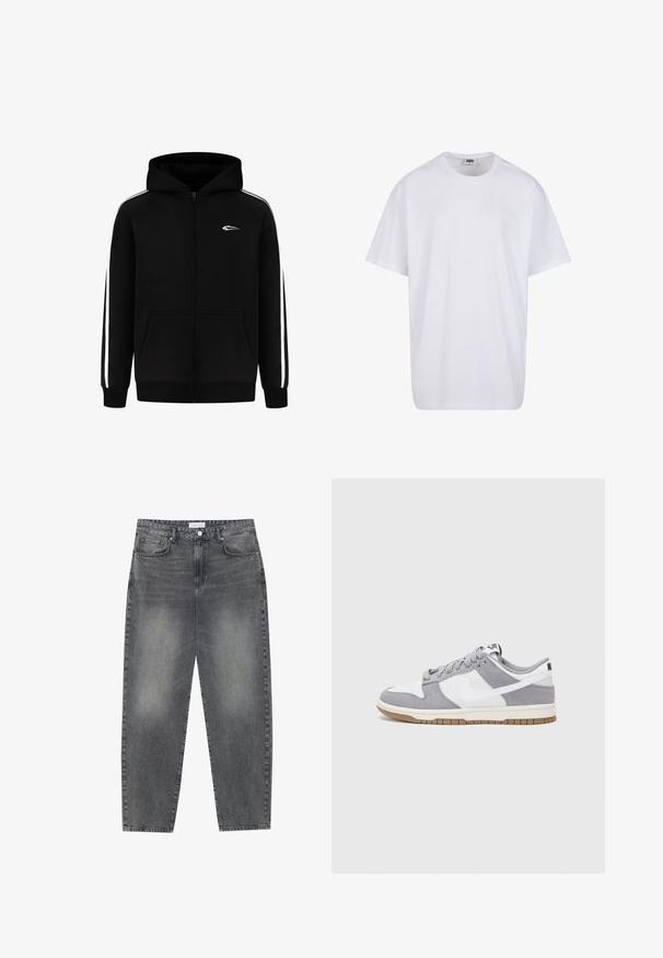 Zwarte zip-up hoodie met een voorkant zak, witte zijstrepen en een klein logo op de borst. Gemaakt van een katoenmix met een soepele textuur.; Witte katoenen t-shirt met korte mouwen, ronde hals, relaxte pasvorm en zonder zichtbare logo's of patronen. Gladde textuur en minimalistisch ontwerp.; Hoge taille, losvallende jeans van vervaagd zwart denim. Beschikt over vijf zakken, riemlussen en een schone, rechte broekspijp ontwerp.; Grijze en witte sneaker met een bovenwerk van suede en leer, ronde neus, platte veters en een rubberen zool met een gumaccent.