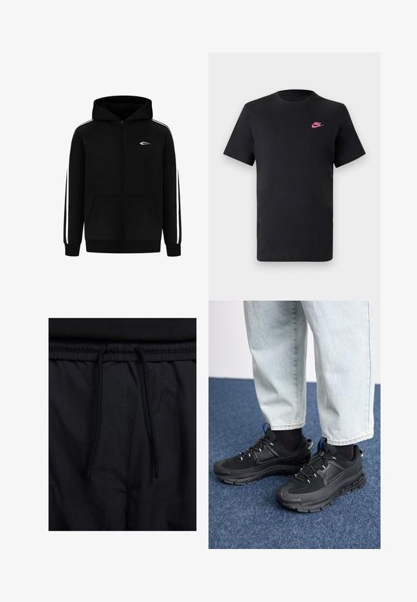 Sort zip-up hoodie med en forlommem, hvide sidelister og et lille logo på brystet. Fremstillet af en bomuldsblanding med en glat tekstur.; Sort bomulds T-shirt med rund halsudskæring og korte ærmer. Har et pink Nike-logo på øverste venstre side. Glat tekstur.; Sorte shorts med snoretræk i taljen, letvægtsstof med en glat tekstur og et simpelt design uden synlige logoer eller mønstre.; Sorte træningssko med tekstureret stof og gummisåler, udstyret med elastiske snørebånd og en blå detalje på hælen. Bæres med lyse denimbukser.