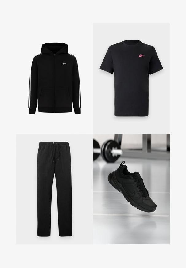 Sort zip-up hoodie med en forlommem, hvide sidelister og et lille logo på brystet. Fremstillet af en bomuldsblanding med en glat tekstur.; Sort bomulds T-shirt med rund halsudskæring og korte ærmer. Har et pink Nike-logo på øverste venstre side. Glat tekstur.; Sorte sweatpants lavet af fleece, med en elastisk talje med snore, to frontlommer og et lille logo på låret.; Sort atletik sko med en glat overdel i læder, rund tå, snørebånd foran og polstret krave for komfort. Vist mod en baggrund fra et fitnesscenter.