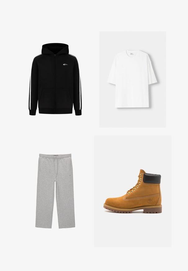 Czarna bluza z kapturem na zamek błyskawiczny, z przednią kieszenią, białymi paskami po bokach i małym logo na klatce piersiowej. Wykonana z mieszanki bawełny o gładkiej strukturze.; Biała koszulka z krótkim rękawem wykonana z bawełny, z okrągłym dekoltem i luźnym krojem. Gładka faktura, bez widocznych wzorów lub akcentów.; Szare bawełniane spodnie dresowe z elastycznym pasem, sznurkiem i dwoma bocznymi kieszeniami; prosty krój nogawki, miękka tekstura, bez wzorów.; Beżowe zamszowe botki sięgające kostki z czarną wyściełaną krawędzią, złotymi oczkami, białymi detalami szycia oraz wytrzymałą gumową podeszwą z wyraźnym bieżnikiem.