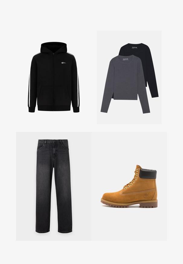 Zwarte zip-up hoodie met een voorkant zak, witte zijstrepen en een klein logo op de borst. Gemaakt van een katoenmix met een soepele textuur.; YOURTURN 2 PACK UNISEX - Longsleeve - dark grey/black; Donkergrijze denim jeans met een rechte pijpdesign, voorzien van een ritssluiting, vijf zakken en subtiele vervagingdetails op de stof.; Tan suède enkelboot met zwart gevoerd kraagje, gouden metalen oogjes, witte stikdetails en een robuuste rubberen zool met uitgesproken profiel.