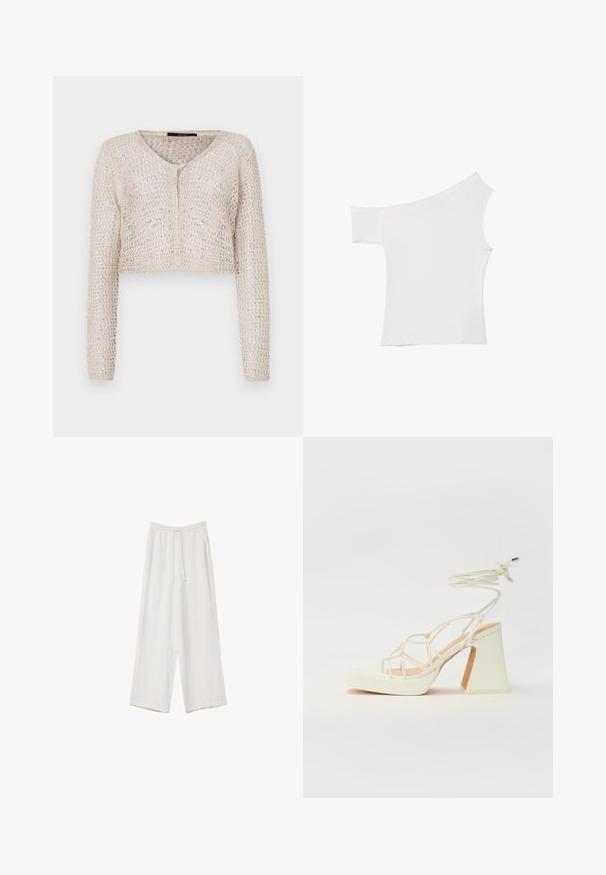 Cardigan in crema all'uncinetto con scollo a V, maniche lunghe e chiusura a bottoni frontale. La trama a intreccio aperto aggiunge traspirabilità.; Top bianco asimmetrico realizzato in un tessuto morbido, con una manica corta e un design una spalla scoperta, caratterizzato da un look pulito e minimalista.; Pantaloni a gamba larga bianchi realizzati in un tessuto leggero. Presentano una vita elastica con cordoncino e tasche laterali. Texture liscia.; Sandalo bianco con tacco alto, caratterizzato da un design a cinturini e un legaccio alla caviglia. Texture liscia con una piattaforma frontale per un'altezza aggiuntiva.