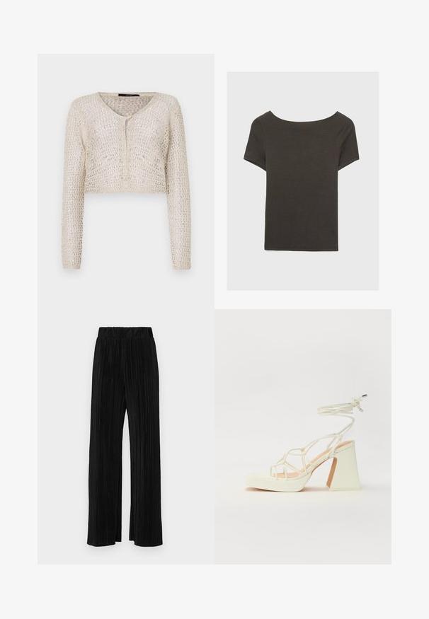 Cardigan in crema all'uncinetto con scollo a V, maniche lunghe e chiusura a bottoni frontale. La trama a intreccio aperto aggiunge traspirabilità.; Top corto grigio scuro con scollatura a barca. Realizzato in tessuto a costine, presenta una vestibilità rilassata e un orlo pulito. Design semplice, senza motivi.; Pantaloni neri a plissé con vita elasticizzata. Presentano gamba ampia e un tessuto liscio e texture con strisce verticali.; Sandalo bianco con tacco alto, caratterizzato da un design a cinturini e un legaccio alla caviglia. Texture liscia con una piattaforma frontale per un'altezza aggiuntiva.