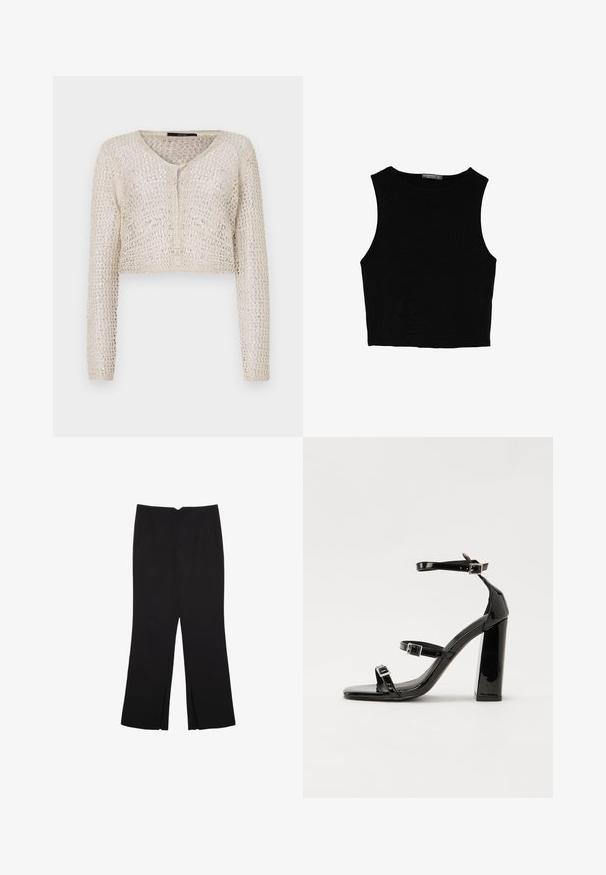 Kvačkana krema kardigan z V-izrezom, dolgimi rokavi in gumbom za zapiranje spredaj. Odprt tkan zrak omogoča dihanje.; Črn brez rokavov crop top, izdelan iz gladkega materiala, z okroglim izrezom in čistim, preprostim dizajnom brez vzorcev ali dodatkov.; Črne hlače ravnega kroja z naglavnimi žepi in stranskimi razporki na robu. Narejene iz mehke, gladke tkanine. Primerne za različne priložnosti.; Črne lakirane sandale s peto, kvadratnim prstom, trakovi okrog gležnja in srebrnimi zaponkami. Opremljene so s stabilno Debelo peto.