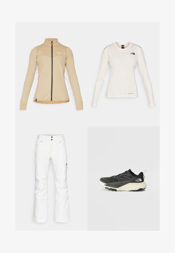 Giacca beige con zip, caratterizzata da un design testurizzato, colletto alto e zip nera. Presenta dettagli arancioni e una silhouette aderente.; The North Face SHADOW LONG SLEEVE - Maglietta a manica lunga - white dune; Pantaloni da neve bianchi con un design a gamba dritta, due tasche frontali e due chiusure con bottoni neri. Tessuto testurizzato con dettaglio di branding nero.; Scarpa da ginnastica nera con tomaia testurizzata, con accenti grigi e un sottopiede bianco. Include una linguetta sul retro e un logo del marchio ben visibile sul tallone.