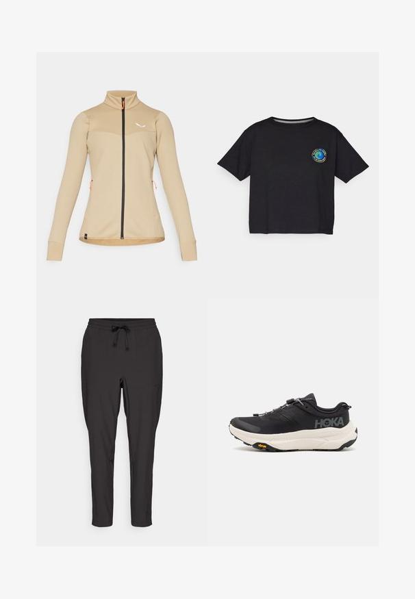 Beige zip-up jacket with a textured design, high collar, and black zipper. Features orange accents and a fitted silhouette.; Black cotton short-sleeve T-shirt featuring a circular multicolored logo on the chest. Straight hem and relaxed fit.; Black jogger pants with an elastic waistband, drawstring detail, and side pockets. Made from a smooth, lightweight fabric.; Black athletic shoes with a breathable mesh upper, rubber outsole, white cushioning midsole, and reflective laces. Vibram logo on outsole.