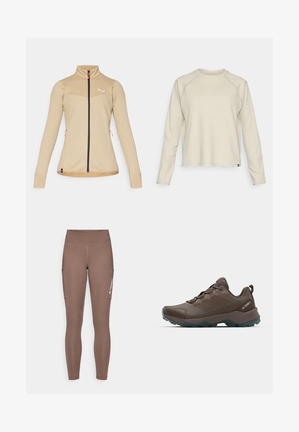 Beige ritjas met een gestructureerd ontwerp, hoge kraag en zwarte rits. Met oranje accenten en een getailleerd silhouet.; Lichtbeige lange mouw top met een textuur, ribbel ontwerp. Heeft raglanmouwen en een ronde halslijn. Subtiele merklogo aan de zoom.; Bruine sportleggings met een hoge tailleband, voorzien van zijzakken en een wit logo. Gladde, rekbare stof voor comfort en bewegingsvrijheid.; Grijze en teal wandelschoenen met gaaspanelen, gestructureerde bovenkant en robuuste rubberen outsole. Voorzien van een gevoerde tong en vetersluiting.