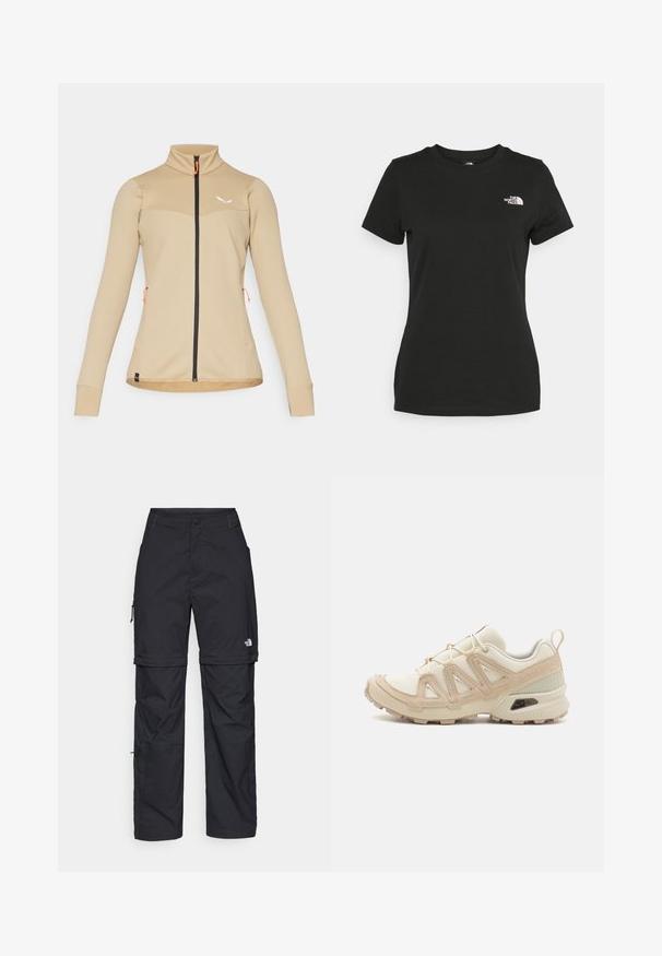 Bež jakna sa zatvaračem, teksturiranog dizajna, visokim kragnom i crnim zatvaračem. Ima narančaste detalje i prilagođen siluetu.; Crna pamučna majica s okruglim izrezom i kratkim rukavima. Istaknuti bijeli logo na gornjoj lijevoj strani. Glatka tekstura, ležeran kroj.; Crne najlon hlače s munjevim zatvaranjem, odvojive cargo hlače s podesivim manžetama, brojnim džepovima i logom na desnoj nozi. Glatka, lagana tekstura.; Bež i kremasti sportski tenisice s teksturiranim mrežastim gornjim dijelom, potpornih preklopa i gumeni potplat s uzorcima za prianjanje.