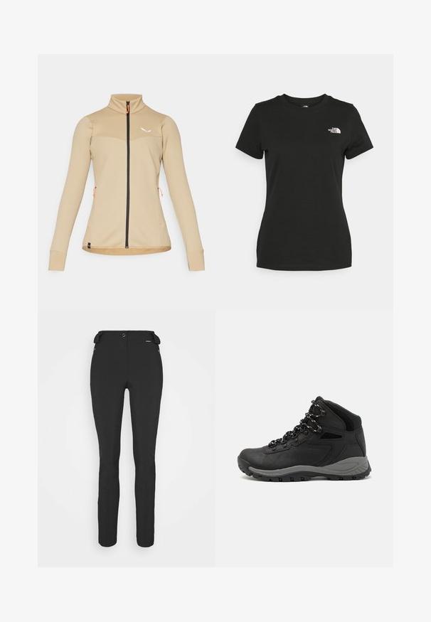 Veste zippée beige avec un design texturé, col montant et fermeture éclair noire. Présente des accents oranges et une silhouette ajustée.; T-shirt en coton noir avec un col rond et des manches courtes. Logo blanc notable sur le côté supérieur gauche. Texture lisse, coupe décontractée.; Pantalons noirs ajustés en matériau flexible. Les caractéristiques comprennent une poche latérale zippée, des genoux articulés et une texture lisse.; Botte de randonnée noire au design mi-haut, avec un dessus texturé, des accents gris et une semelle en caoutchouc durable avec des crampons de traction.