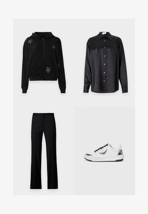 Felpa nera con zip, dotata di tasche frontali e cappuccio, decorata con quattro toppe a forma di stella nere arricchite con piccole perline.; Camicia nera a maniche lunghe con colletto, caratterizzata da una texture stropicciata, chiusura frontale con bottoni e polsini. Realizzata in un tessuto morbido.; Pantaloni neri a gamba dritta in tessuto liscio, con vita piatta, passanti per la cintura e senza tasche visibili o decorazioni.; Sneaker bianca con accenti neri, caratterizzata da un design testurizzato sui lati, lacci neri e suola in gomma. Logo e opere d'arte sulla parte superiore.