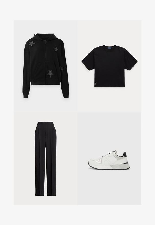 Melna kapuce ar rāvējslēdzēju, ar priekšējām kabatām un kapuci, dekorēta ar četriem melniem zvaigžņu plāksteriem, kas rotāti ar maziem pērļu pērlēm.; Melnā kokvilnas t-krekls ar īsām piedurknēm, apaļu kaklu un mazu baltu logo apakšējā kreisajā stūrī. Klasisks, taisnstūrveida piegriezums ar minimālu detaļu skaitu.; Melnas piegriezuma bikses ar augstu jostasvietu, priekšā ar krokām, taisna kāju dizains un ar aprocēm. Izgatavotas no gludas auduma.; Baltās sporta kurpes ar tīkla un ādas paneļiem, sudraba akcentiem, teksturētu dizainu, melnu papēdi un gumijas zoli. Sānu skats.