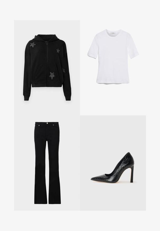 Crna zip jakna s prednjim džepovima i kapuljačom, ukrašena s četiri crne zvjezdaste aplikacije obogaćene sitnim perlicama.; Bijela majica s kratkim rukavima izrađena od rebraste tkanine. Okrugli izrez, klasičan kroj i suptilni detalji šivanja. Bez uzoraka ili grafika.; Crne široke traperice izrađene od denima, s dva prednja džepa, kopčanjem na dugme i glatkom teksturom. Potpisna šavova vidljiva na šavovima.; Crne visoke potpetice s oštrim prstima, od teksture krokodilske kože, elegantnog dizajna, visoke stiletto potpetice i glatkog crnog unutrašnjosti.