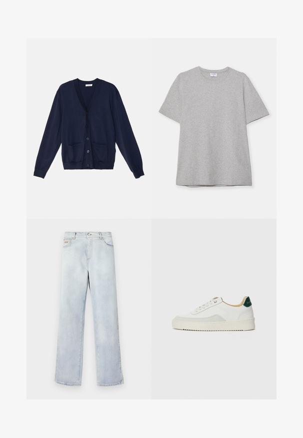 Granatowy kardigan wykonany z miękkiego materiału, z dekoltem w serek, guzikiem z przodu, dwoma kieszeniami z przodu oraz ściągaczami na mankietach i u dołu.; Szary krótki rękaw T-shirt wykonany z miękkiego, fakturowanego materiału. Posiada klasyczny okrągły dekolt i prosty dół, idealny do noszenia na co dzień.; Jasnoniebieskie dżinsy z prostymi nogawkami, z zapięciem na guzik, pięcioma kieszeniami i kontrastowym przeszyciem.; Białe trampki z zamszowymi akcentami, zaokrąglony czubek, płaskie sznurowadła i kremowa gumowa podeszwa. Posiadają zielone logo na pięcie.