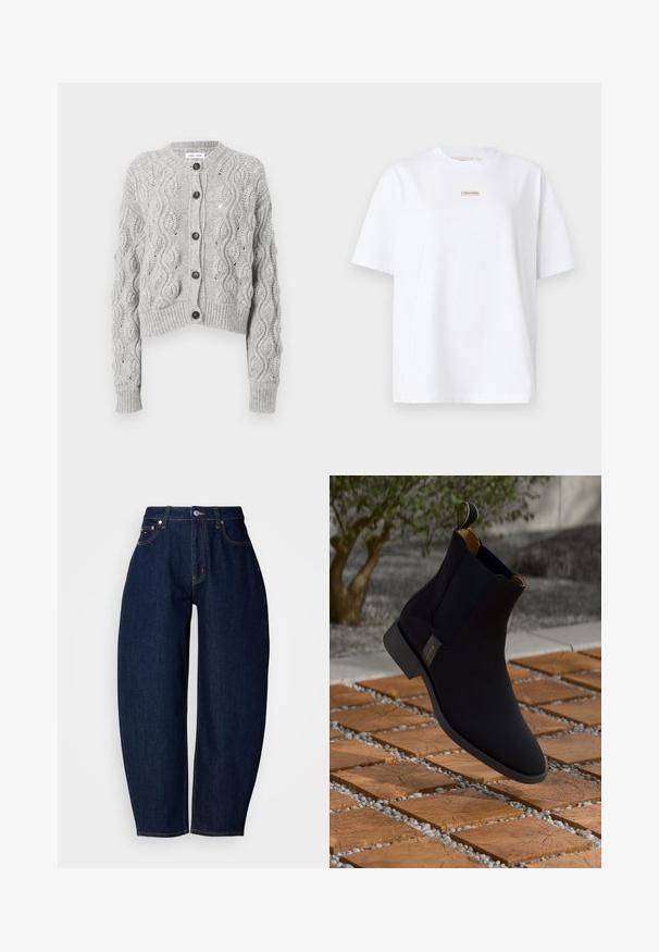 Gray knitted cardigan with a cropped design, featuring a cable pattern, round neckline, and five dark buttons down the front.; White cotton t-shirt with short sleeves, crew neck, and a small Calvin Klein logo in a rectangular patch on the front. Simple design.; Dark blue denim jeans with a relaxed fit, straight legs, five-pocket design, and contrasting yellow stitching. Metal button closure at the waist.; Black leather ankle boot with a smooth finish, yellow inner lining, and a pull tab; set against a textured wood and gravel surface.