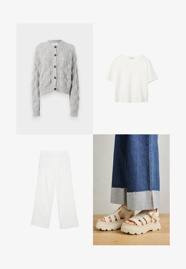 Šedý pletený kardigan s krátkým střihem, zdobený copánkovým vzorem, kulatým výstřihem a pěti tmavými knoflíky vpředu.; Bílý krátký rukáv tričko vyrobené z bavlny. Má kulatý výstřih a volný střih. Hladký materiál bez viditelných vzorů nebo akcentů.; Kalhoty s širokými nohavicemi z bílé látky, s hladkým povrchem, předními kapsami a klasickým pasem s poutky na opasek.; Béžové platformové sandály s tlustými podešvemi mají páskový design a nastavitelné kotníkové pásky. Jsou nošeny s širokými džínovými kalhotami, přičemž jedna nohavice je roztrhaná.