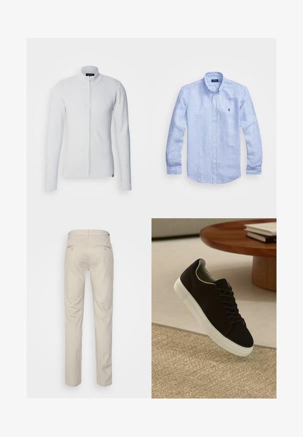 Világosszürke zippes pulóver magas gallérral, hosszú ujjakkal, strukturált anyagból készült, testhezálló fazonú. Az alján logó címke található.; Kék és fehér csíkos, hosszú ujjú pamut ing, gombos gallérral, elől gombokkal és egy kis hímzett logóval a mellkason.; Beige nadrág sima felülettel, egyenes szabással, két gombos hátsó zsebbel és normál derékrésszel.; Fekete sneakers fehér talppal lebeg egy bézs textúrájú szőnyeg felett, egy kerek fából készült asztal közelében, rajta egymásra pakolt könyvekkel.