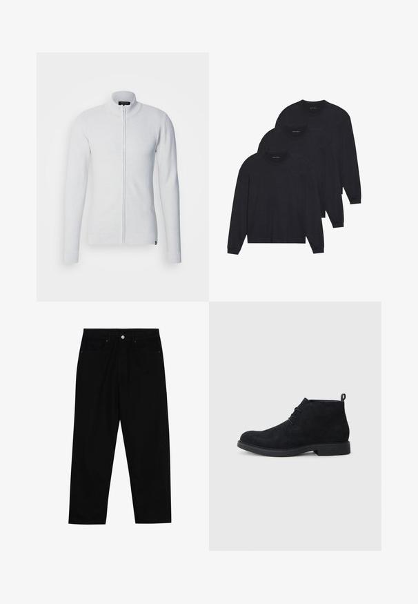 Lichtgrijze ritssluiting trui met hoge kraag, lange mouwen, gestructureerde stof en een aansluitend ontwerp. Voorzien van een logootag aan de onderkant.; Drie zwarte longsleeve shirts, gemaakt van zachte stof, met ronde hals en aangesloten manchetten. Minimalistisch ontwerp zonder zichtbare patronen.; Zwarte denim broek met een recht gesneden pasvorm, vijf gebruikersvriendelijke zakken en een sluiting met een knoop aan de voorkant. Soepele textuur met minimale stikdetails.; Zwarte suède enkellaarsjes met een ronde neus, gevoerd met veters en een gemêleerde rubberen zool. Voorzien van een klein lusje aan de achterkant.