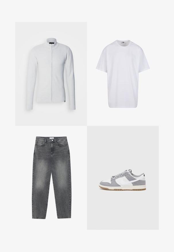 Jasnoszara rozpinana bluza z wysokim kołnierzem, długimi rękawami, teksturowanym materiałem i dopasowanym krojem. Posiada logo na dolnym brzegu.; Biała bawełniana koszulka z krótkimi rękawami, okrągłym dekoltem, luźnym krojem i bez widocznych logo lub wzorów. Gładka tekstura i minimalistyczny design.; Jeansy z wysokim stanem, luźne, w wyblakłym czarnym deninie. Posiadają pięć kieszeni, szlufki na pasek oraz prosty, klasyczny krój nogawek.; Szare i białe trampki z zamszową i skórzaną cholewą, okrągłym noskiem, płaskimi sznurówkami i gumową podeszwą z akcentem w kolorze gumy.