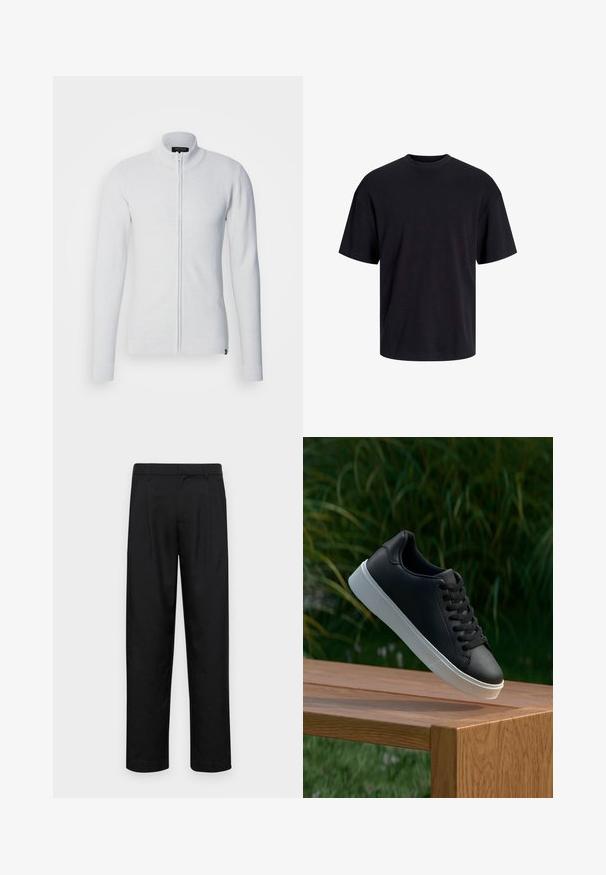 Sudadera gris claro con cremallera, cuello alto, mangas largas, tejido texturizado y diseño ajustado. Presenta una etiqueta de logo en el dobladillo.; Camiseta de algodón negra con cuello redondo, mangas cortas y un ajuste relajado. Textura suave y sin patrones ni acentos visibles.; Pantalones negros de tela suave, con un diseño de pierna recta, dos pliegues frontales y una cintura estándar con trabillas para el cinturón.; Zapatilla negra de cuero con una textura suave, suela de goma blanca y seis ojetes para cordones, exhibida sobre una superficie de madera.