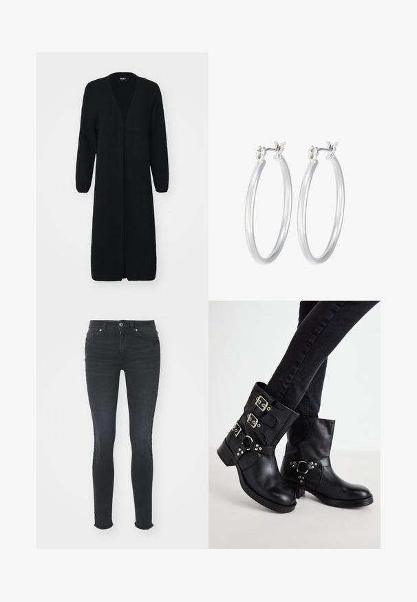 Dlhý čierny kardigán vyrobený z textúrovanej pleteniny, s výstrihom do V, otvoreným predným dielom a dlhými rukávmi. Žiadne zapínania ani vzory nie sú viditeľné.; Čierny dlhý rukáv body s vysokým golierom, s pevným látkovým trupom a priehľadnými sieťovinovými rukávmi, navrhnuté v priliehavom strihu.; Čierne džíny Skinny s stredne vysokým pásom, piatimi vreckami a roztrhnutým okrajom. Tkanina má hladkú textúru s miernym elastickým efektom.; Čierne kožené členkové čižmy so tromi prackami, zaoblenou špičkou a nízkym blokovým podpätkom. Dizajn obsahuje hladké a textúrované panely.; Strieborné kruhové náušnice s hladkým, lesklým povrchom. Kolový tvar a bezpečné klikanie na uzatváranie. Ľahký dizajn vhodný na každodenné nosenie.