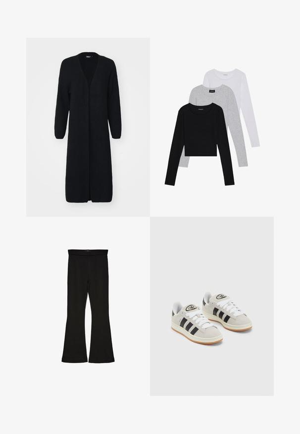 Long black cardigan made of textured knit fabric, featuring a V-neck, open front, and long sleeves. No fastenings or patterns visible.; Three long-sleeve tops stacked: black, grey, and white. Each has a round neckline and a cropped design with smooth, lightweight fabric.; Black flare leggings made from stretchy fabric. Features a wide waistband and a smooth texture, with a fitted silhouette that flares at the hem.; Gray suede sneakers with white laces, black stripes, and a white rubber sole. Features a circular logo on the tongue and a gum sole.