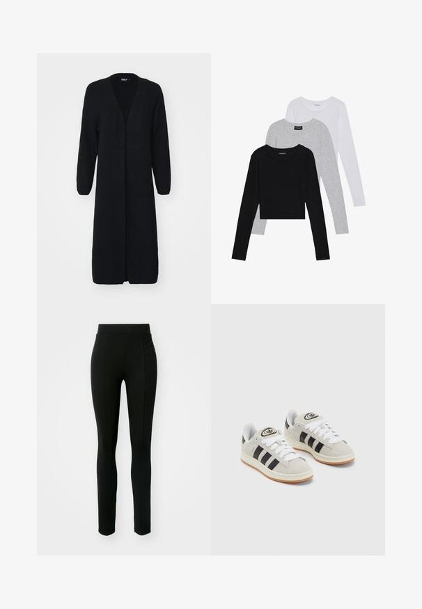Duga crna kardigan jakna od teksturiranog trika, s V-izrezom, otvorenim prednjim dijelom i dugim rukavima. Nema vidljivih kopčanja ili uzoraka.; Tri dugih rukava posložena: crna, siva i bijela. Svaka ima okrugli izrez i skrateni kroj s glatkom, laganom tkaninom.; Crne tajice izrađene od rastezljivog materijala, sa visokim strukom, uskim krojem i dva prednja džepa bez vidljivih šavova.; Sive suede tenisice s bijelim vezicama, crnim prugama i bijelim gumiranim potplatom. Imaju kružni logo na jeziku i gumeni potplat.