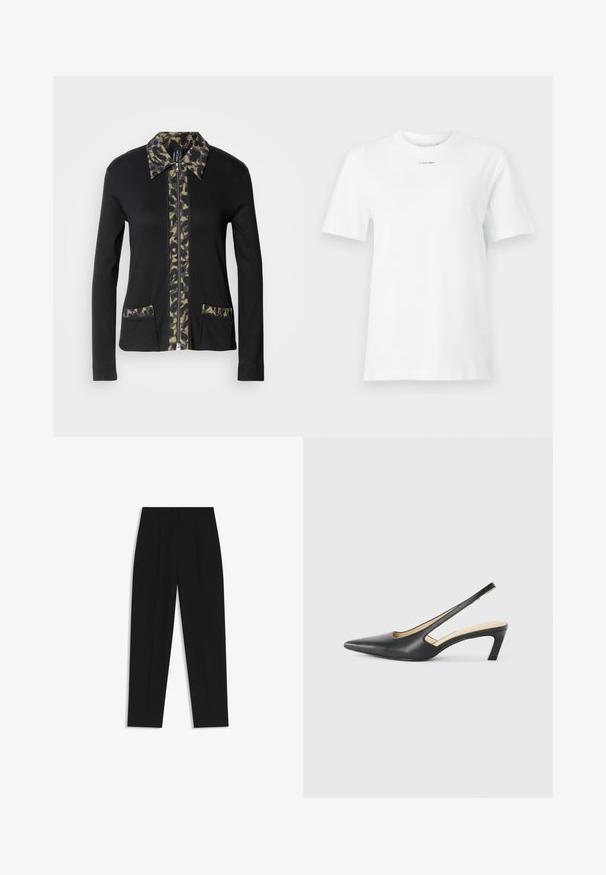 Mustaan vetoketjullinen takki, jossa on camouflage-kuosiset kaulus ja etupaneeli. Takissa on kaksi etutaskua, joissa on yhteensopivat yksityiskohdat. Pitkät hihat.; Valkoinen puuvillainen t-paita, jossa on pyöreä kaula-aukko, lyhyet hihat ja pieni musta "Calvin Klein" -logo rinnassa. Yksinkertainen muotoilu, ilman kuvioita.; Mustat housut suoran istuvuuden kanssa, joissa on kaksinkertaiset laskokset, sileä pinta ja klassinen vyötärönauhan muotoilu. Ei näkyviä metalliosia tai koristeita.; Musta, kärjeltään terävä slingback-kengä, jossa on matala korko. Kengässä on sileä nahkamateriaali ja sivuilla leikkaukset hengittävyyttä varten.