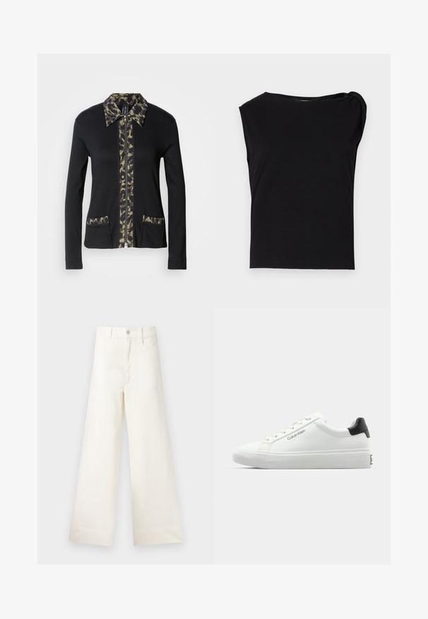 Black zip-up jacket with a camouflage-patterned collar and front panel, featuring two front pockets with matching details. Long sleeves.; Black short-sleeve top made of smooth fabric. Features a round neckline and draped detail on the shoulder. Simple, fitted design.; Wide-leg trousers in light beige cotton. Features a high waist, front pockets, and a straight cut. Clean hem finishing without patterns.; White sneaker with a smooth finish, black heel accent, and lace-up design. Features "Calvin Klein" branding on the side. Minimalist style.