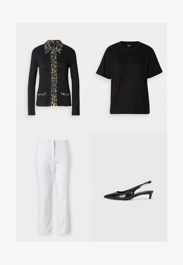 Crna jakna s patentnim zatvaračem, s ovratnikom i prednjim panelom u kamuflažnom uzorku, koja ima dva prednja džepa sa usklađenim detaljima. Dugi rukavi.; Crna pamučna majica s okruglim izrezom, kratkim rukavima i izvezenim logotipom na prsima. Jednostavan, opušten kroj bez uzorka.; Bijele pamučne hlače ravnog kroja, sa strukom srednje visine i bez vidljivih metalnih dijelova ili uzoraka. Glatka tekstura kroz cijelu dužinu.; Crne kožne sandale s petom, s izduženim vrhom, imaju usku petu i zlatni akcent na podesivoj traci. Glatka tekstura.