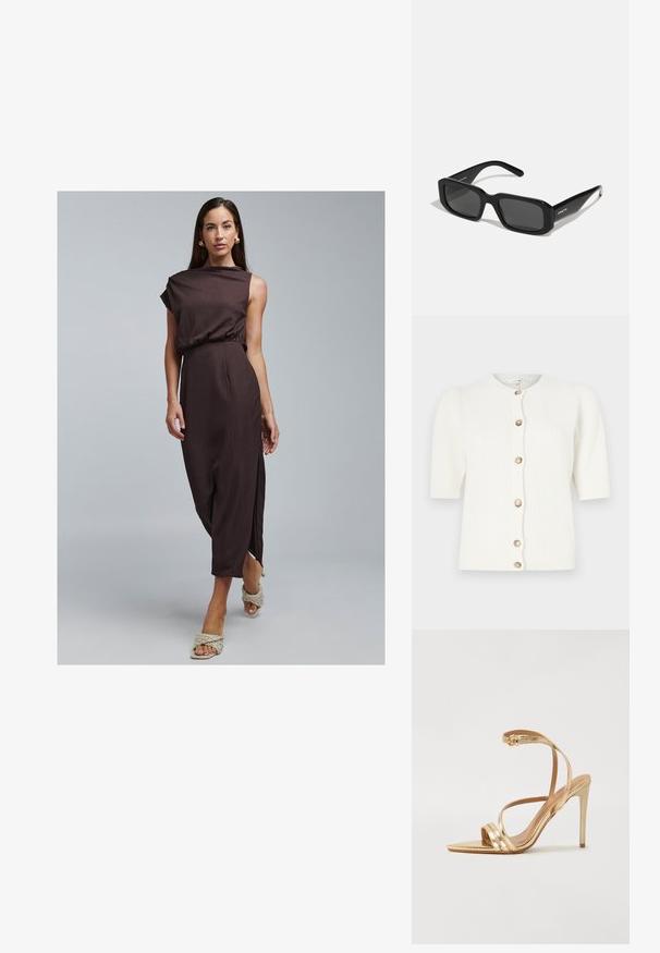 Bílý žebrovaný pletený kardigan s krátkými rukávy a kulatým výstřihem, zapínaný na šest krémových knoflíků vpředu.; Hnědé, žebrované, bezrukávové šaty s řaseným pasem a bočním rozparkem. Kombinované s lehkými, tkanými sandály a jednoduchými náušnicemi. Hladká textura.; Even&Odd Sandály na vysokém podpatku - gold; Arnette THEKIDD UNISEX - Sluneční brýle - black