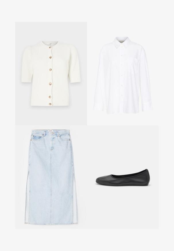 Baltas vagotas megztinis su trumposiomis rankovėmis ir apvalia iškirpte, užsegamas šešiais kreminės spalvos mygtukais priekyje.; Balta ilgomis rankovėmis marškiniai su apykakle, pagaminti iš medvilnės. Su mygtukų užsegimu priekyje ir viena krūtinės kišenė. Lygus paviršius, laisvas siluetas.; Šviesiai mėlynas džinsinis maksi sijonas su tiesiu kirpimu, su šoninėmis išpjovomis ir penkių kišenių dizainu. Išryškintas siuvinėjimas ir metalinė sagtis.; Juodai odiniai baletai su apvaliu pirštu, lygi texture, minimalus siuvimo detales ir lanksčiu padų dizainu.