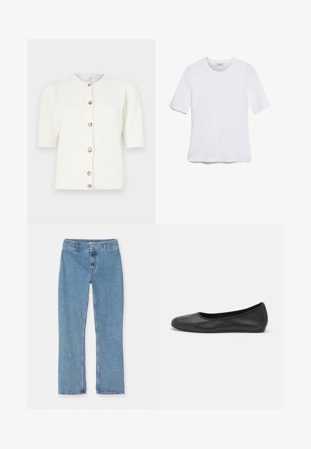 Gilet tricoté blanc à côtes, avec des manches courtes et un col rond, muni de six boutons crème sur l'avant.; T-shirt blanc à manches courtes en tissu côtelé. Col rond, coupe régulière et détails de couture subtils. Aucune motif ni graphique.; Jean en denim bleu clair à jambe droite avec fermeture à bouton et à fermeture éclair, passants de ceinture et couture standard sur fond blanc.; Ballerines en cuir noir avec un bout rond, texture lisse, détails de couture minimalistes et design de semelle flexible.