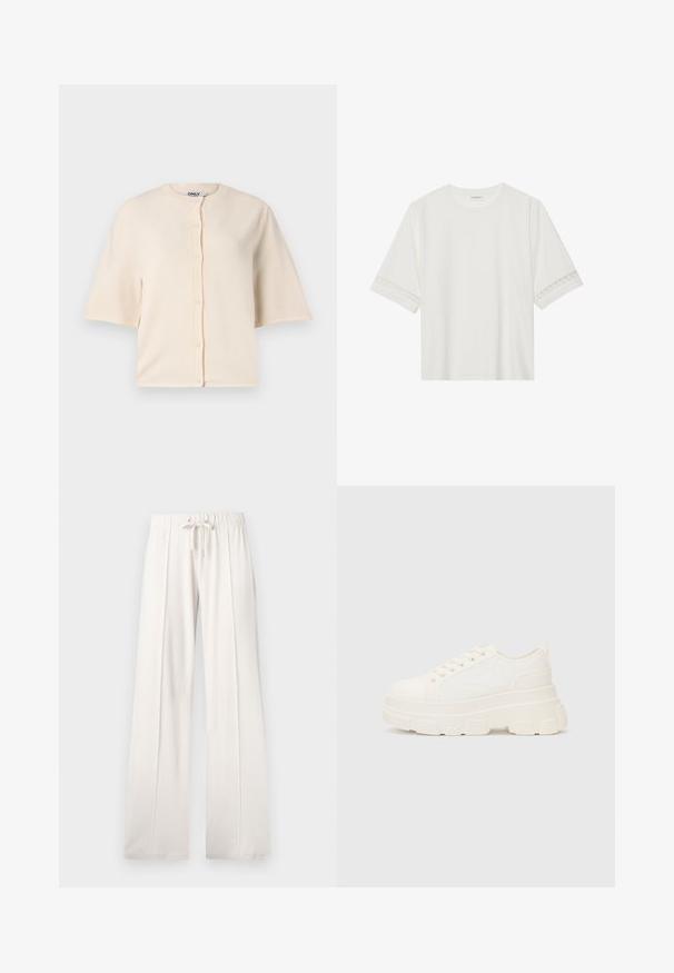 Bežový kardigán s krátkymi rukávmi vyrobený z mäkkej tkaniny, s okrúhlym výstrihom a zapínaním na gombíky na prednej strane, s voľným strihom.; Biele tričko s krátkym rukávom vyrobené z bavlny, s dekoratívnym čipkovým lemovaním pozdĺž rukávov a okrúhlym výstrihom.; Svetlobéžové tepláky z mäkkej tkaniny s nastaviteľným pásom, širokými nohavicami a vertikálnymi švami, s hladkým povrchom.; Biele plátené tenisky s hrubou podrážkou, zaoblenou špičkou a piatimi očkami na šnúrky. Zadný popruh pre jednoduché obúvanie. Hladká textúra, minimalistický dizajn.