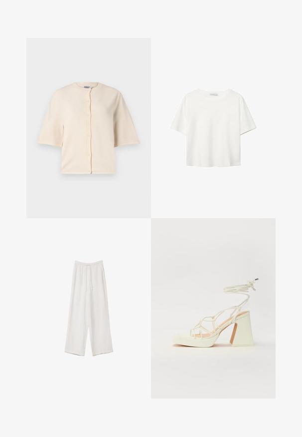 Beżowy kardigan z krótkim rękawem, wykonany z miękkiego materiału, z okrągłym dekoltem i zapięciem na guziki z przodu, w luźnym fasonie.; Biała koszulka z krótkim rękawem, wykonana z bawełny. Posiada okrągły dekolt i luźny krój. Gładka faktura bez widocznych wzorów czy akcentów.; Białe spodnie o szerokich nogawkach wykonane z lekkiego materiału. Posiadają elastyczny pas z sznurkiem i boczne kieszenie. Gładka tekstura.; Biała sandał na wysokim obcasie z masywnym słupkiem, z paskowym wzorem i wiązaniem przy kostce. Gładka faktura z platformą z przodu dla dodatkowej wysokości.