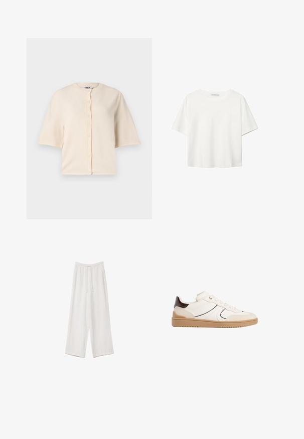 Beige short-sleeve cardigan made of soft fabric, featuring a round neckline and button closure along the front, with a relaxed fit.; White short-sleeve t-shirt made of cotton. Features a crew neckline and a relaxed fit. Smooth texture with no visible patterns or accents.; White wide-leg trousers made from a lightweight fabric. Features an elastic waistband with a drawstring and side pockets. Smooth texture.; Stradivarius Trainers - white